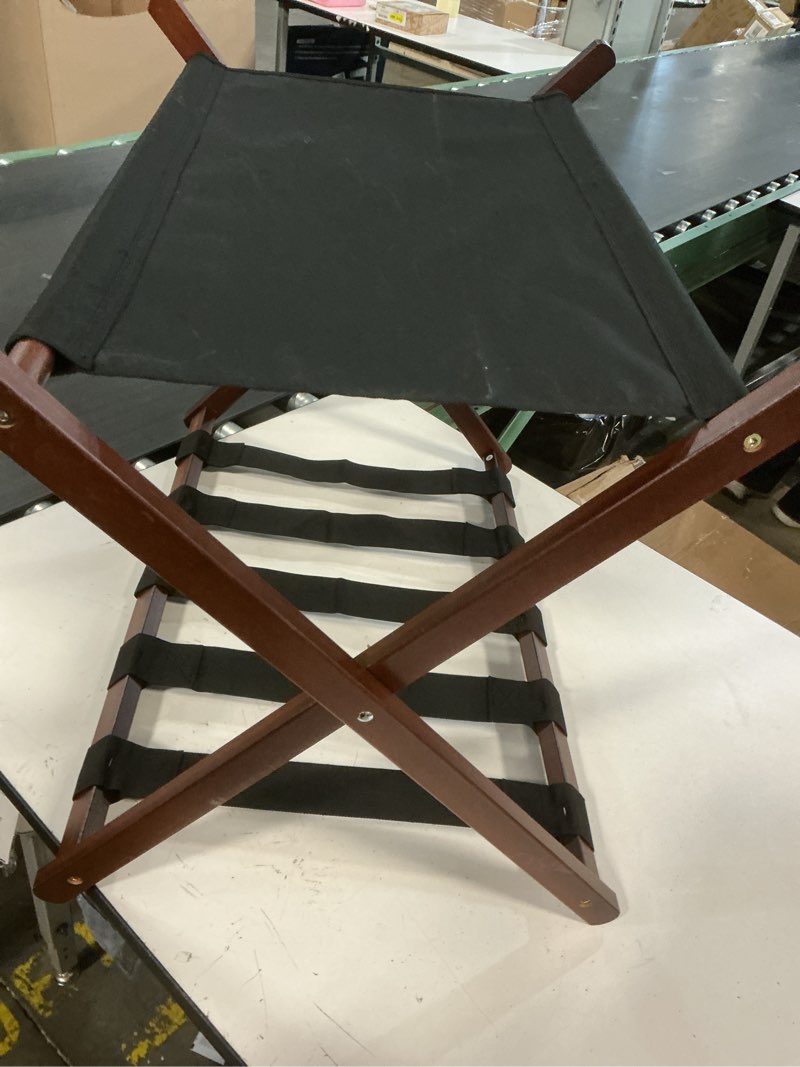 Condition photo showing Good Condition for songmics luggage rack, folding suitcase stand with storage shelf, for guest room, hotel, bedroom, heavy-duty, holds up to 131 lb, walnut brown urlr007d01 walnut brown 1 pack