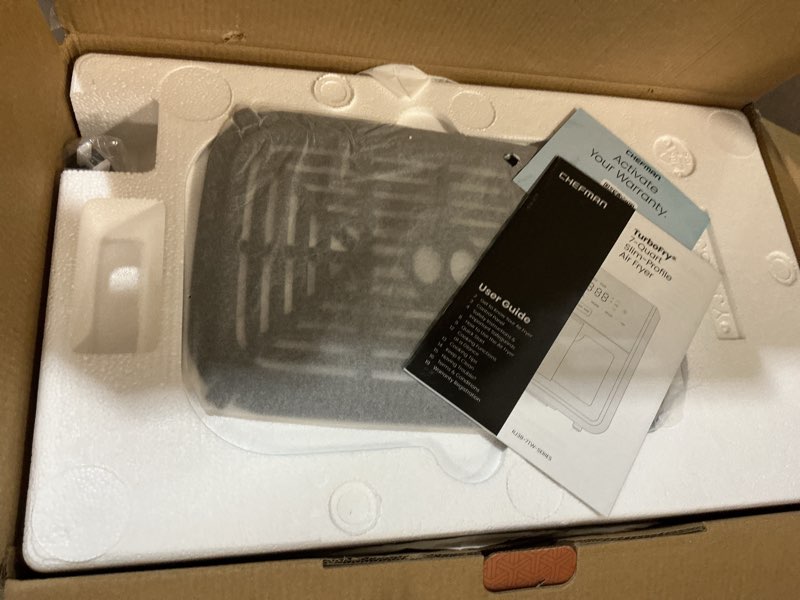 Condition photo showing Good Condition for chefman air fryer turbofry 7-qt, 6-in-1 high-powered 450°f cooking for crispier results, compact space-saving design, air fry, bake, broil, reheat, dehydrate, defrost, fast & even cooking – black