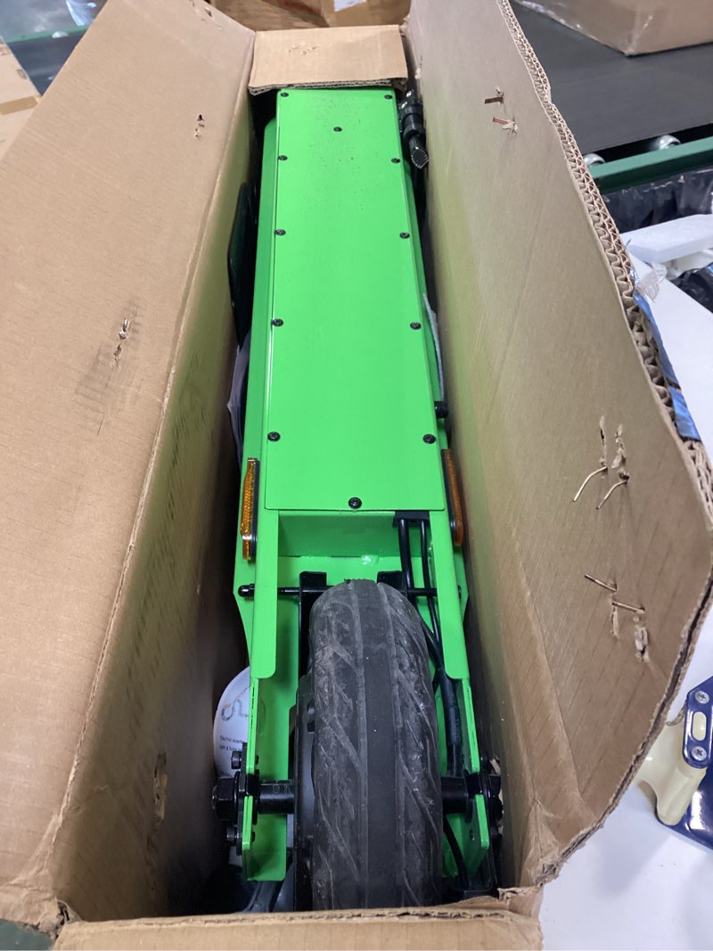 Condition photo showing As Is for electric scooter for big kids/teens - 250w motor, 15.5 mph top speed, rear foot brake, folding e-scooter for riders up to 220 lbs, ul-2272 certified green