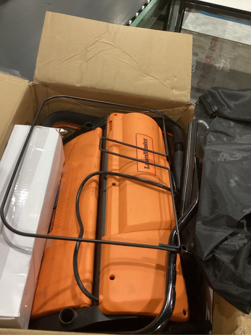 Condition photo showing As Is for lawnmaster gvb1316 electric 16” 13 amp dethatcher and scarifier with 12 gallon collection bag electric 16-inch