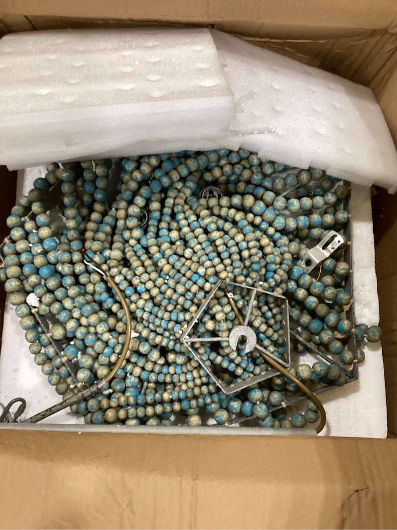 Condition photo showing As Is for newrays wood bead chandelier pendant gray blue finishing bohemian boho beachy ceiling lamp light fixtures (19.88 in*21.65 in) 19.88 in*21.65 in gray blue-m50