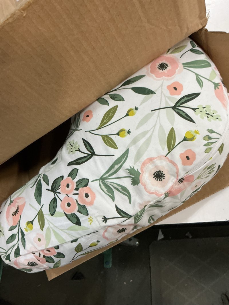 Condition photo showing As Is for boppy nursing pillow - firm, ergonomic u-shaped bottle and breastfeeding pillow with high lift for comfort and support, spacious surface - pink garden flowers new nursing pillow pink garden flowers
