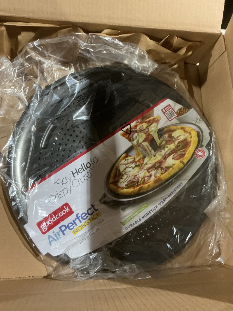Condition photo showing Good Condition for goodcook airperfect insulated nonstick carbon steel pizza pan with cutting guides, perforated nonstick pizza pan, 15.75-inch, gray gray 16-inch