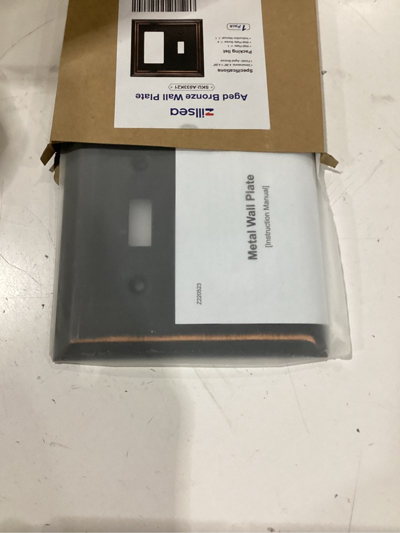 Condition photo showing New/Like New for switch plates outlet covers, 1-pack metal wall plate, aged bronze | midsize 1 toggle 1 decorator combo wall plate for gfci outlets, light switches, ideal for kitchen bedroom bathroom nursery aged bronze 1 toggle/1 decorator 1pk