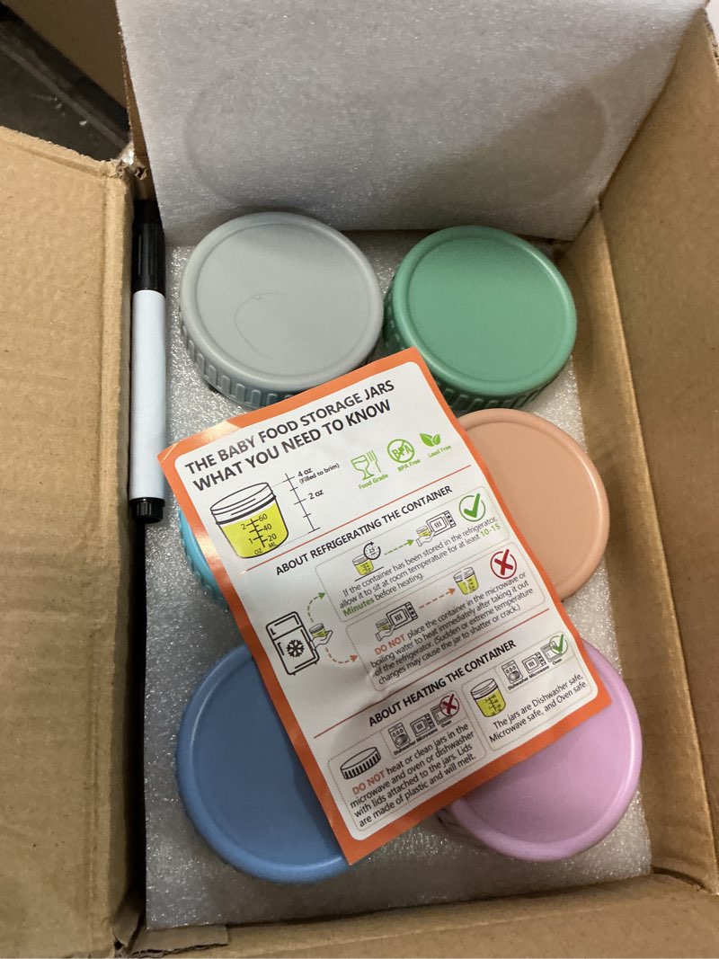 Condition photo showing Good Condition for DRKIO 6 Pack Glass Baby Food Storage Containers - 4 Oz Baby Food Jars with Lids Baby Food Maker Microwave Dishwasher Freezer Safe 100% Leak Proof BPA Free Reusable 4 Oz - Multicolor