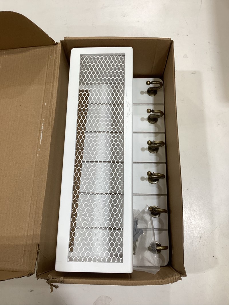 Condition photo showing Good Condition for Rebee Vision Farmhouse Key Holder for Wall with Mail Organizer : Decorative Mesh Basket with 6 Sturdy Key Hooks – Wall Mount Home Decor for Office?Entryway, Hallway, Apartment (Rustic White)