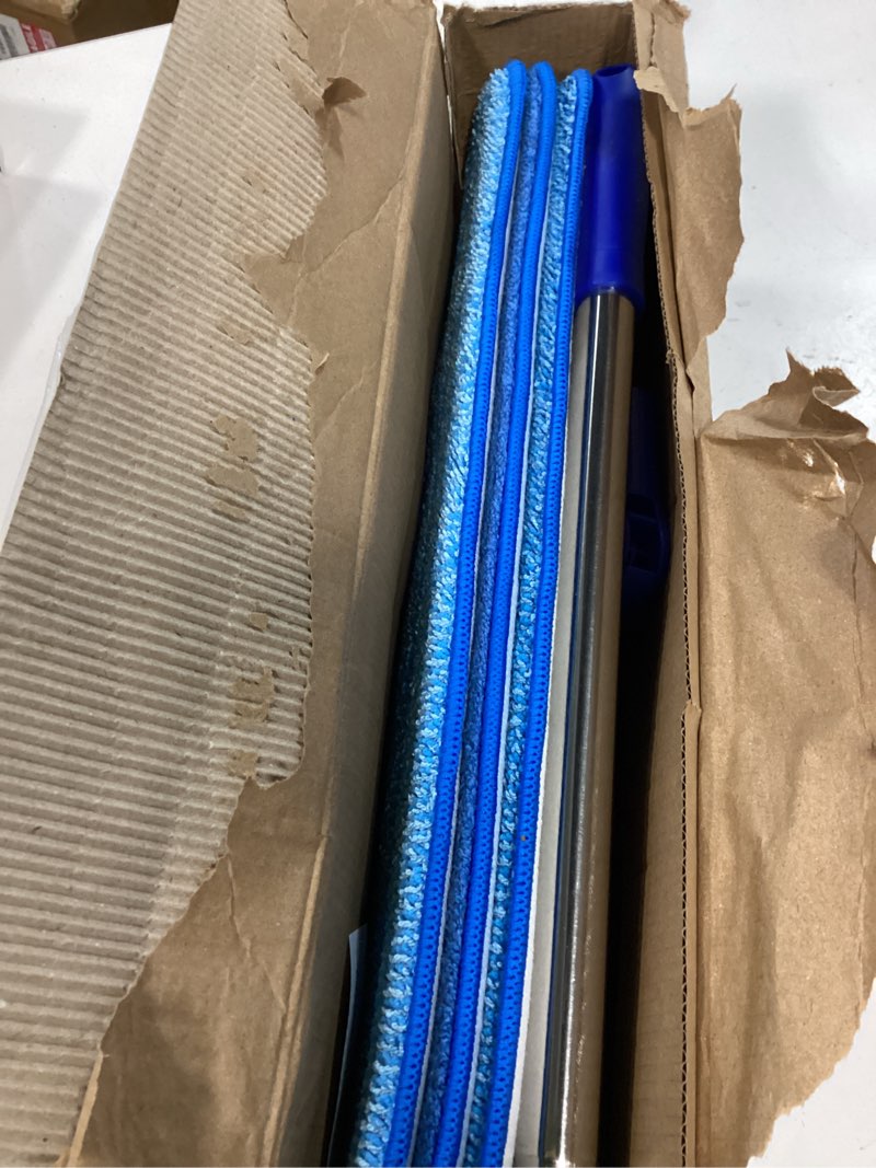 Condition photo showing New/Like New for 18" professional microfiber mop floor cleaning system, flat mop with stainless steel handle, 4 reusable washable mop pads, wet and dust mopping for hardwood, vinyl, laminate, tile cleaning blue