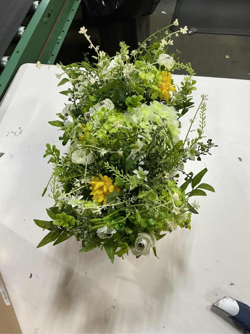 Condition photo showing New/Like New for Spring Easter Centerpiece for Table, 18" L Lifelike Artificial Flowers in Rustic Whitewashed Rectangular Wood Box, Lush Spring Faux Floral Arrangement Farmhouse Mantel Shelf Kitchen Island Decor