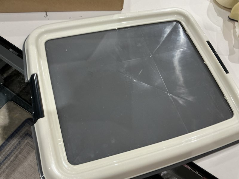 Condition photo showing As Is for iris usa pee pad holder - extra-small sized dog & puppy pee pads, secured latches, non-skid feet, high polish finish for easy cleaning, leak protection, fits 14"x17" pad puppy & toy breeds, dark grey 14" x 17" dark gray