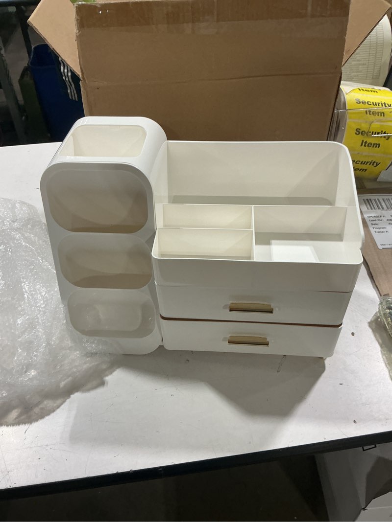 Condition photo showing Good Condition for hblife makeup organizer with brush holder for vanity, large plastic bathroom countertop organizer skin care storage, easy to store lipsticks, nail polishes, perfumes, eyeshadow palettes, all white all white large