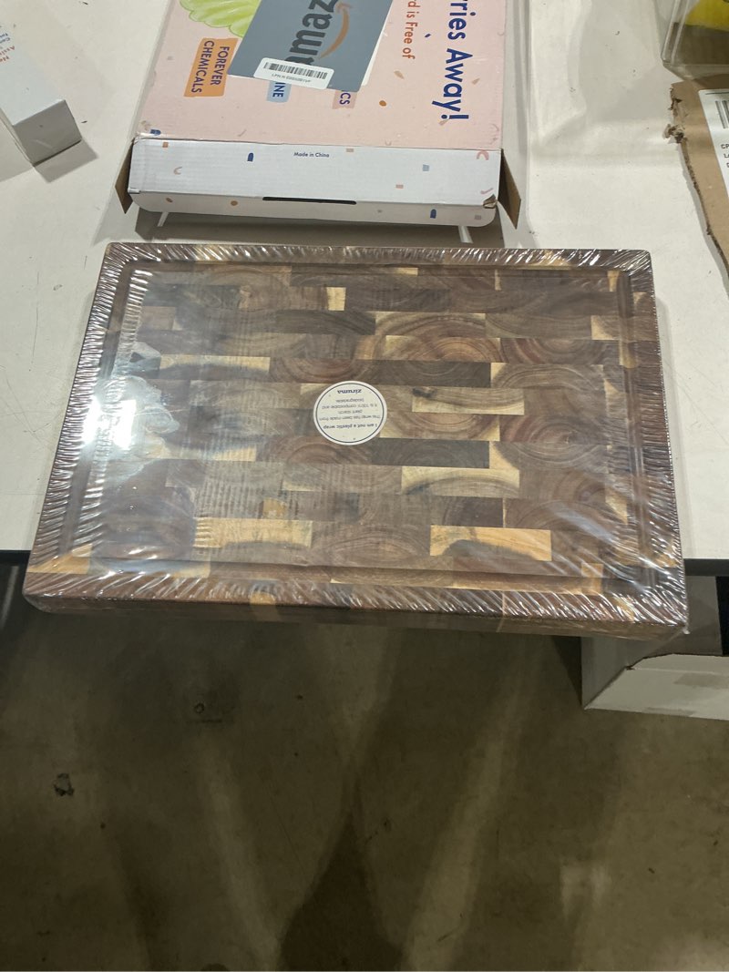 Condition photo showing Good Condition for end grain butcher block cutting board [1.5" thick]. made of acacia wood and conditioned with beeswax, flaxseed oil & lemon oil. 16" x 11" chopping board by ziruma.