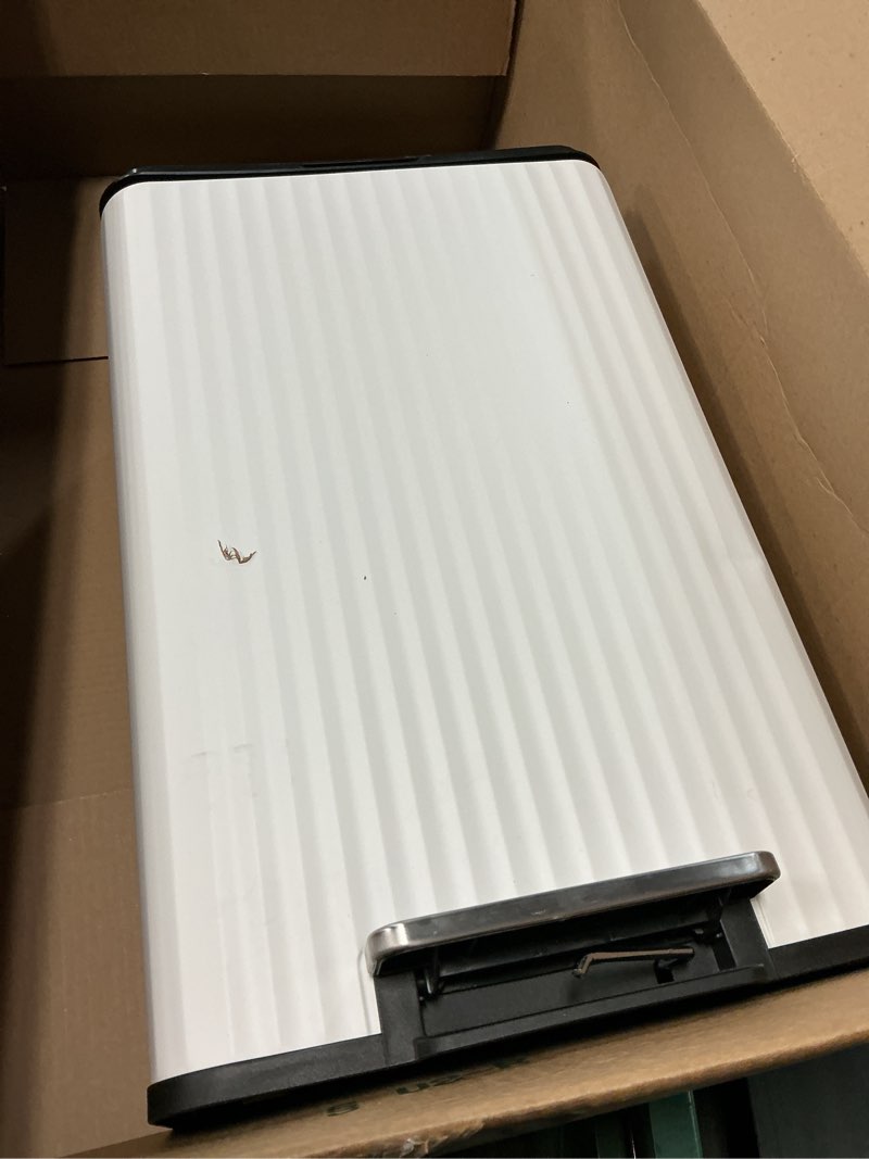 Condition photo showing Good Condition for songmics trash can, 13 gallon (50 l) garbage can for kitchen, with lid, pedal, and removable inner bucket, soft close, stainless steel, 15 trash bags (code k) included, cloud white ultb586wz01 new version 13 gallon cloud white