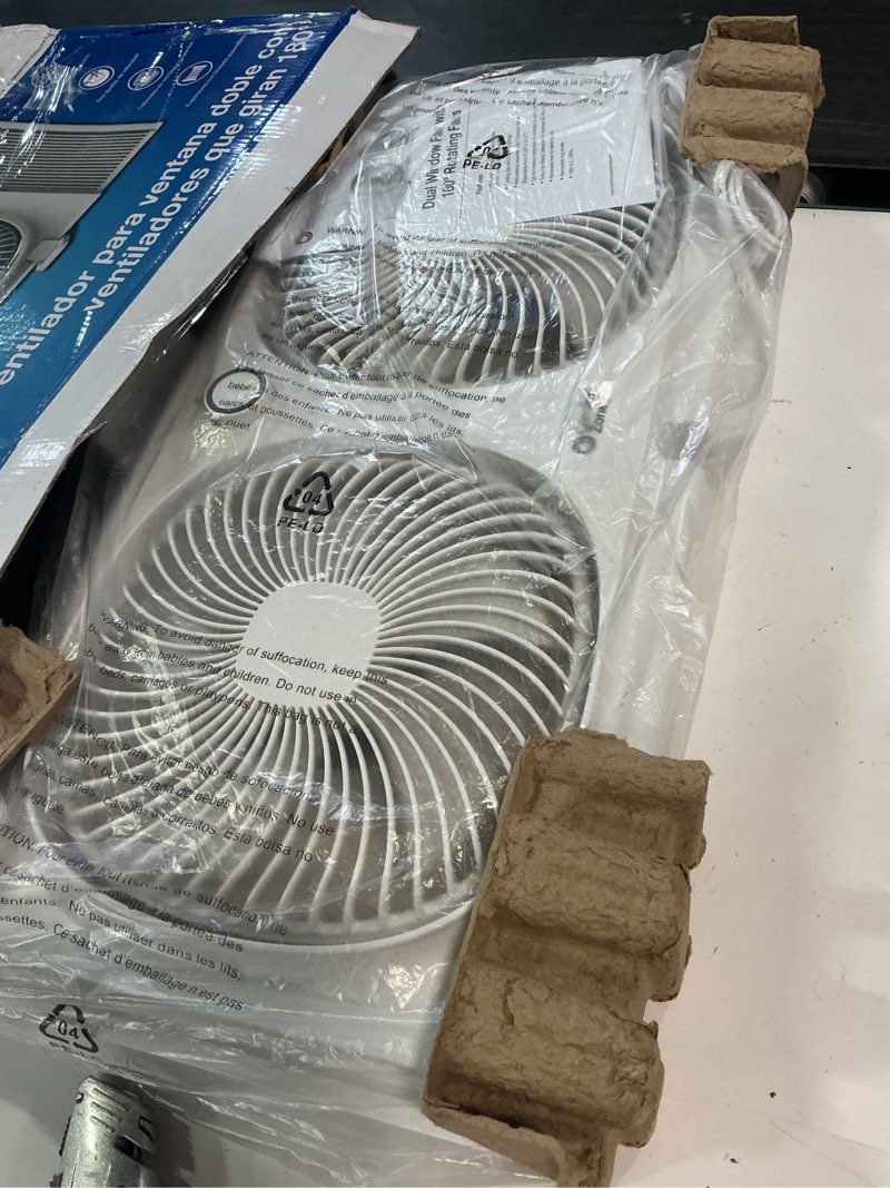 Condition photo showing Good Condition for comfort zone cz329wt 9" dual window fan with 180° rotating fans, 2-speeds, plastic removable bug screen, individually rotating fan heads, white modern