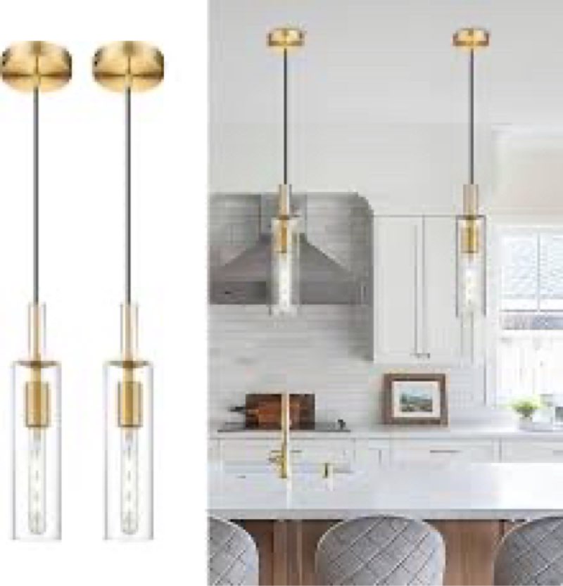 AUTELO 2 Pack Gold Pendant Lights, Glass Pendant Lights Kitchen Island with Clear Drum Glass, Indust