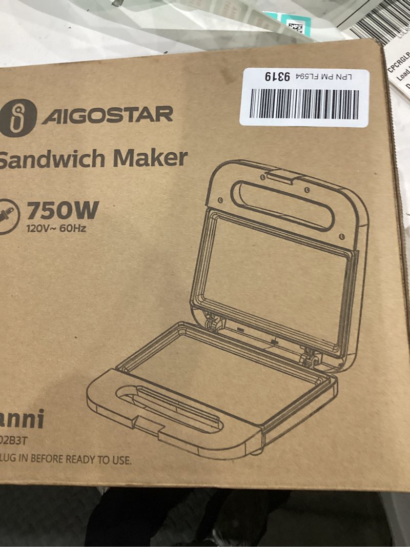 Condition photo showing New/Like New for Aigostar Sandwich Maker, Non-Stick Panini Press Sandwich Maker Breakfast Grilled Cheese Maker, Stainless Steel Tostadora de Pan