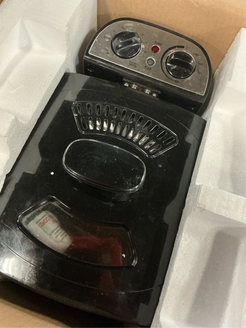 Condition photo showing As Is for amazon basics 2.1-qt (2.0l) electric deep fryer with 8-cup oil capacity, adjustable temperature control, timer, easy draining removable basket, viewing window, 1500w, black 2.1-qt, black
