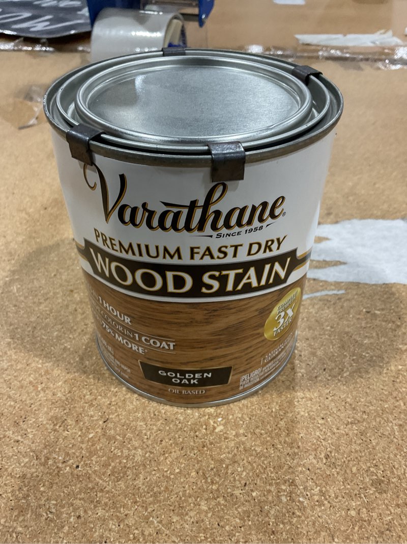 Condition photo showing New/Like New for varathane premium fast dry wood stain | 1 hour dry time | 1 coat color | interior wood stain | furniture, cabinets, doors, trim | quart | golden oak 1 quart (pack of 1) golden oak