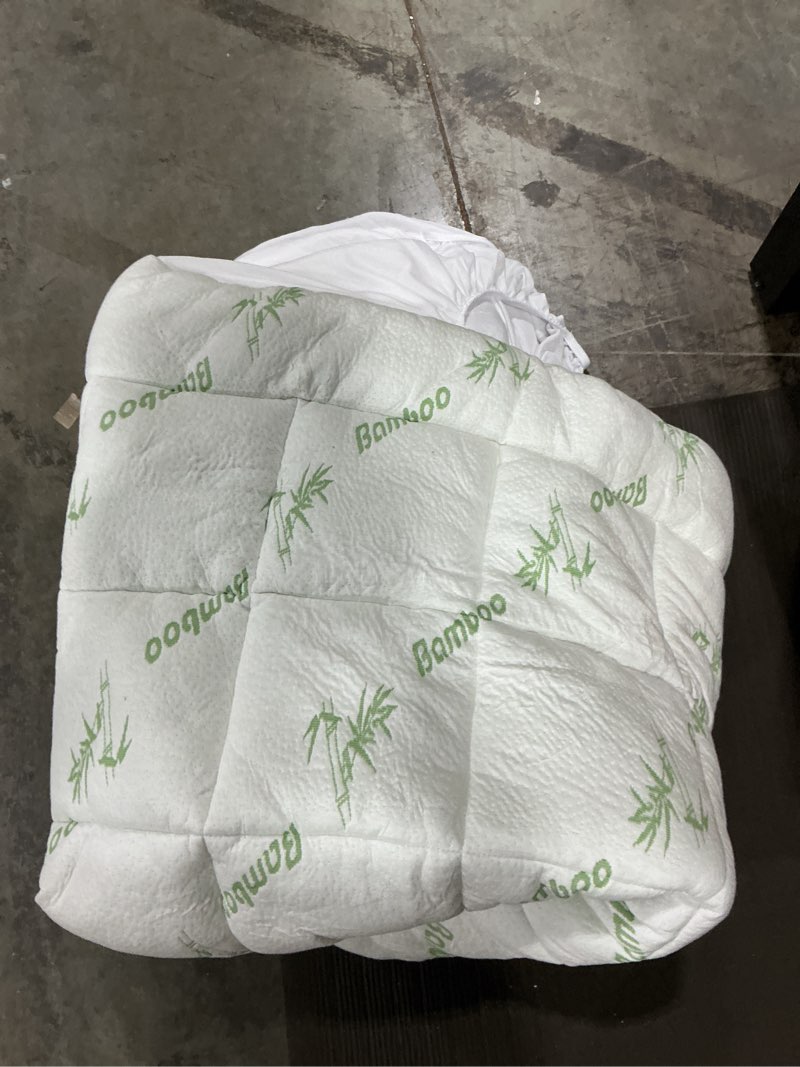 Condition photo showing As Is for full size mattress topper cooling viscose made from bamboo thick support pillow top mattress pad for back pain relief soft breathable mattress cover  (green, full) green full