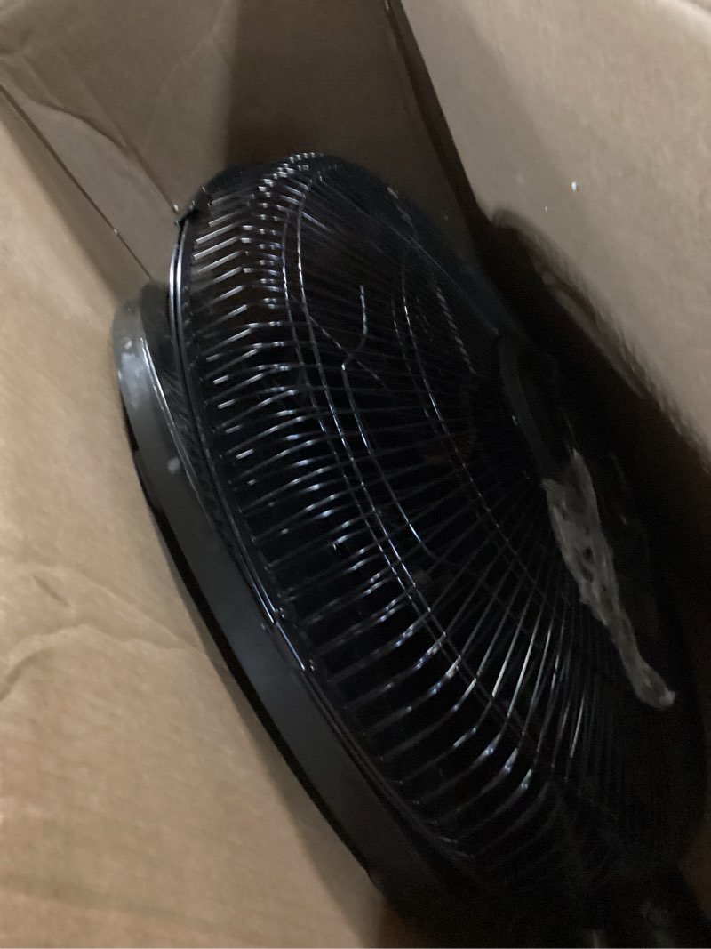 Condition photo showing As Is for newbulig 17" pedestal fans with remote, oscillating standing fan with 3 speed & 3 model, quiet timer stand up fan for indoor, bedroom, living room, adjustable height & tilt head, easy assembly black 17.13" * 17.13" * 51.18"