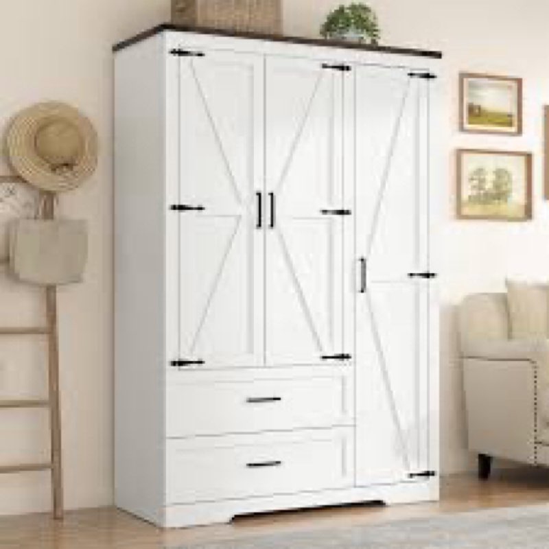 Farmhouse 3 Door Armoire Wardrobe With 2 Drawers And Hanging Rod