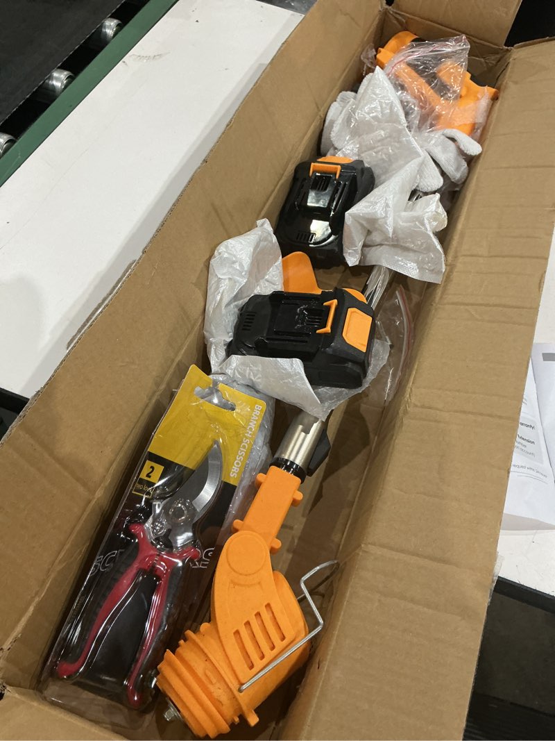Condition photo showing As Is for jygmpro,cordless grass trimmer,auxiliar handle ,adjustment tubes,battery pack .