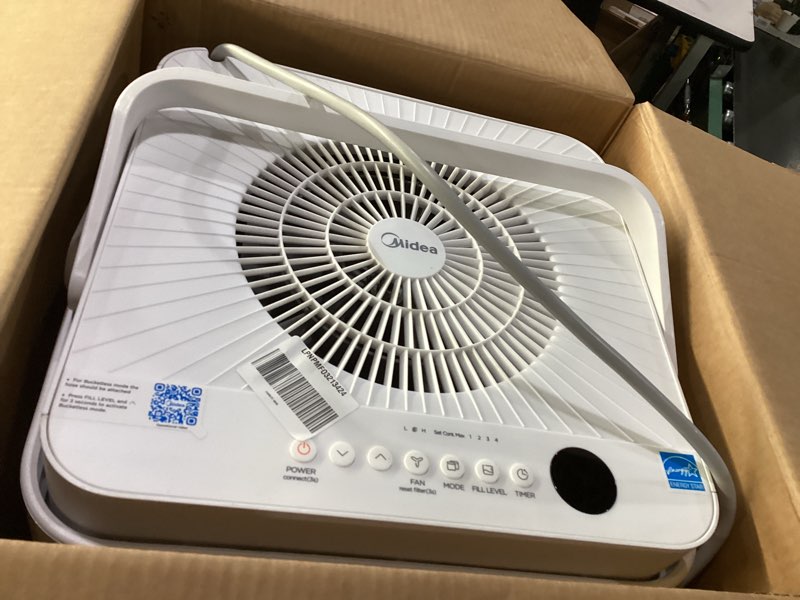 Condition photo showing Good Condition for Not tested!!! Midea Cube 50 Pint Dehumidifier for Basement and Rooms at Home for up to 4,500 Sq. Ft., Smart Control, Compatible with Alexa (White), Drain Hose Included