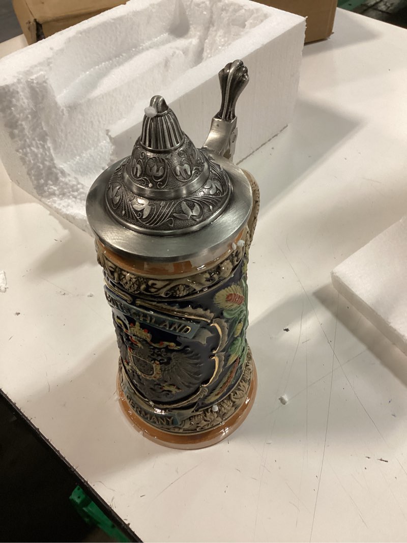 Condition photo showing Good Condition for haucoze beer stein mug german coats of arms drinking viking tankard with pewter lid birthday gifts for men father husband 0.8 liter