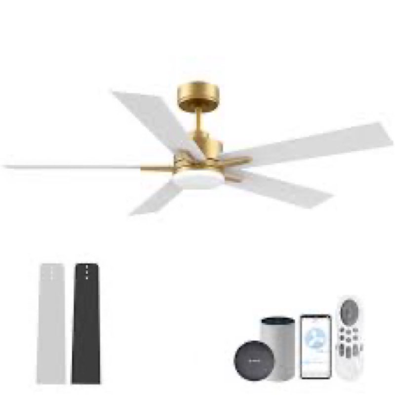 52” Smart Ceiling Fan with Lights Remote,Voice Control via Alexa Google WIFI App,Ultra Quiet DC Motor,Outdoor Indoor Modern Ceiling Fans,6-Speed for Bedroom Patio Porch,White and Wood Color