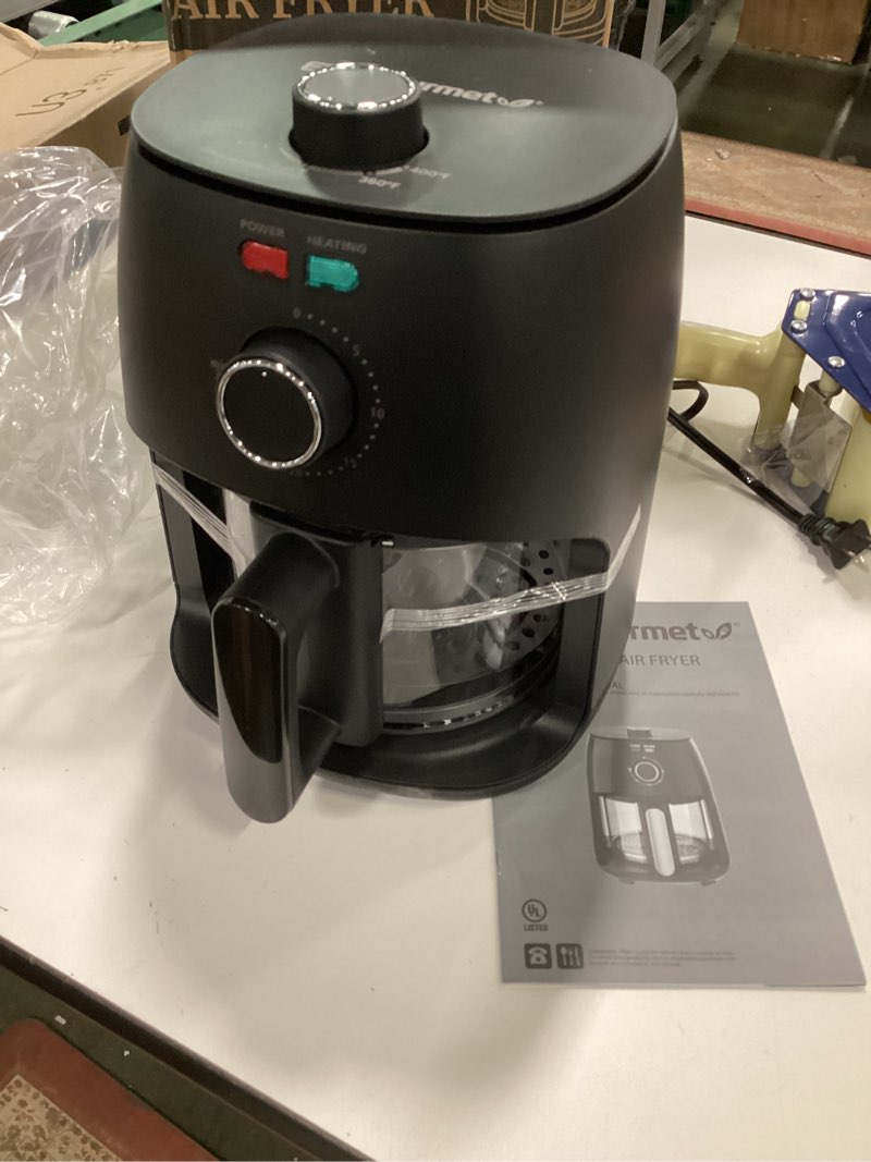 Condition photo showing New/Like New for Elite Gourmet EAF2305 Glass Air Fryer, 2.4Qt Capacity, PFAS Free Ceramic Coated Ceralast™ Air Fry Rack, Adjustable Temperature 175°F to 400°F, 30-Minute Timer, 1150-Watts, 15 Recipes, Black 2.4 Quart