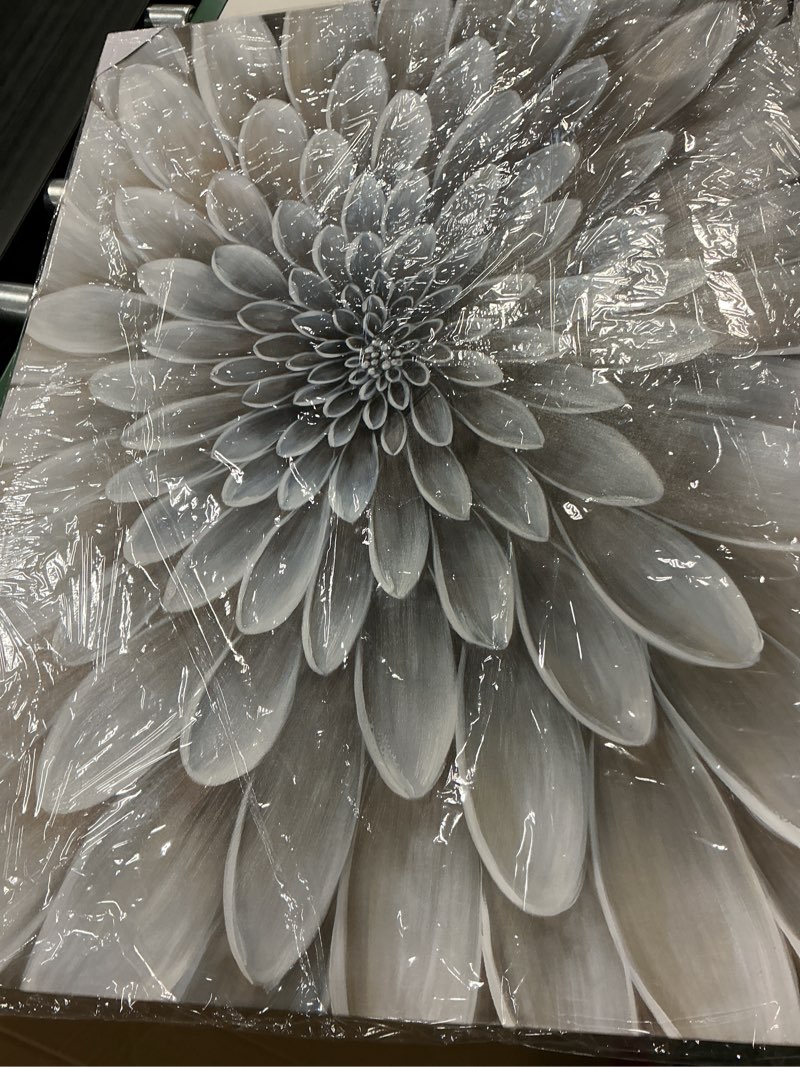 Condition photo showing As Is for Floral Wall Art in Neutral Color Modern Canvas Decor in Glam Style Framed Artwork with Embellishment Texture Dahlia Flower Picture in White Grey Cream Hues for Office