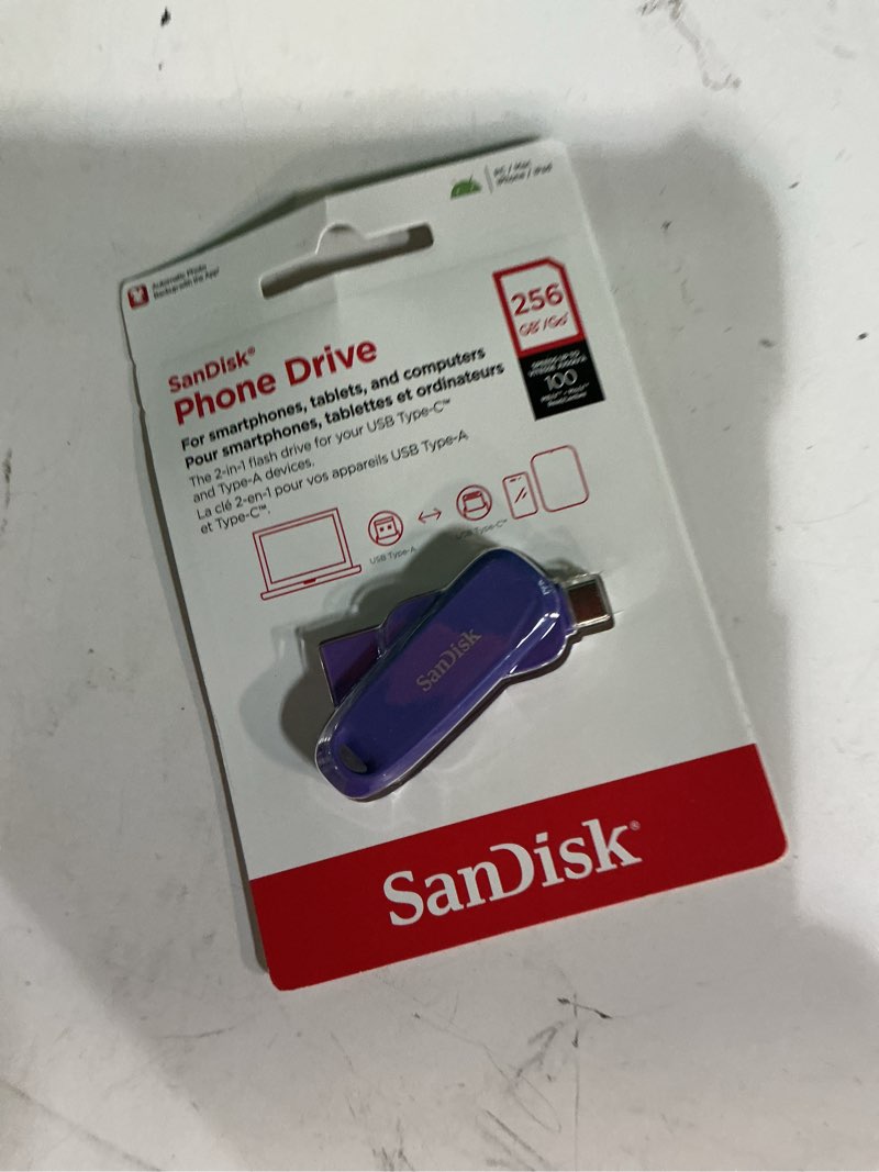 Condition photo showing New/Like New for sandisk 256gb phone drive for android - the 2-in-1 usb for smartphones, tablets, and computers - thumb drive with usb type-c and type-a connectors, purple opulence - sdddc6-256g-g46po phone drive for android purple opulence 256 gb