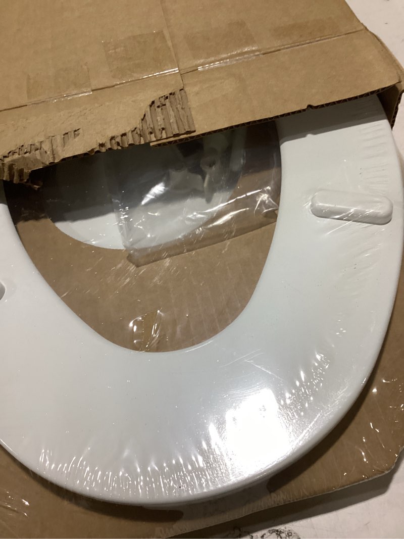 Condition photo showing As Is for mayfair linden slow close toilet seat, non slip heavy duty wood, easy install, elongated, white elongated traditional hinge