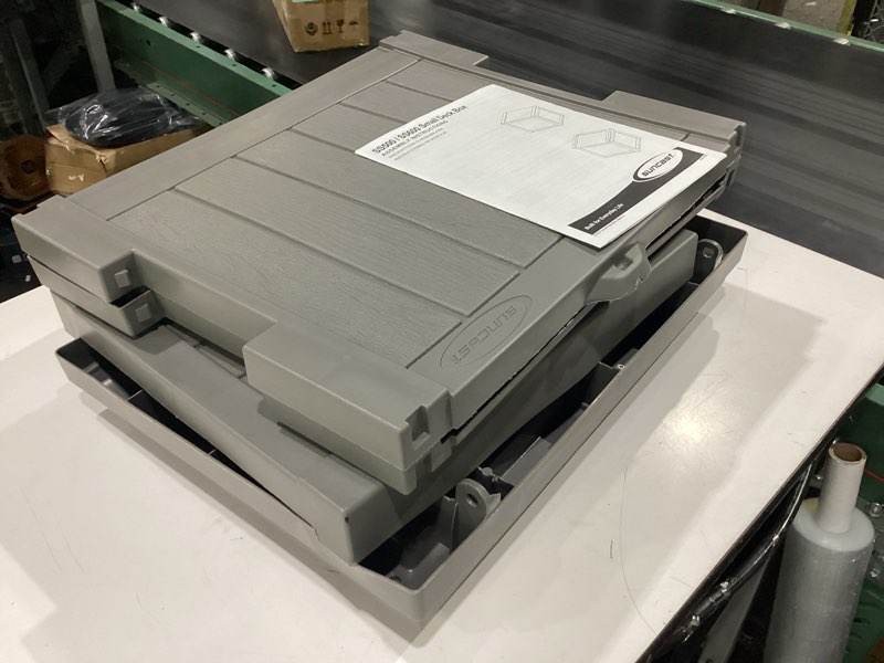 Condition photo showing New/Like New for suncast outdoor storage box - 22 gallon stone gray resin outdoor deck box with seat, weatherproof patio storage bin container for keeping cushions, tools, & towels for pool, yard, & garden 1