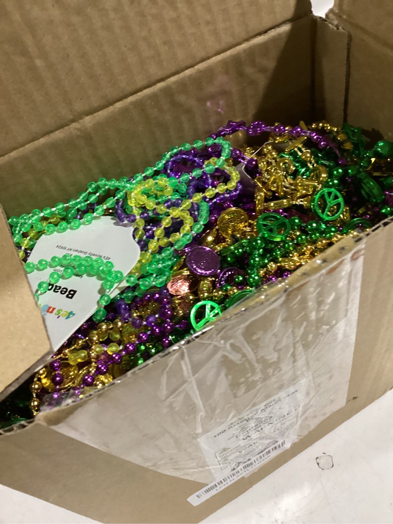 Condition photo showing New/Like New for Bead Assortment Mardi Gras Beads Bulk (100 Pcs) Metallic Purple Gold Green Assorted Designs, Masquerade Costume Party Favors Supplies Decorations, Mardi Gras Outfit Accessories for Adult Men Women