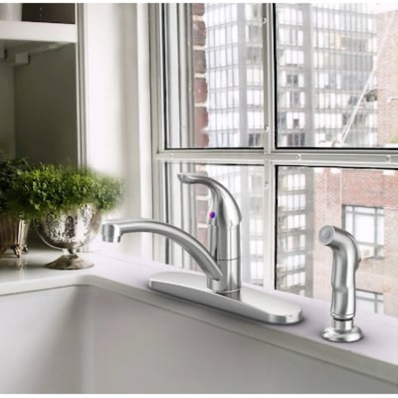 project source everfield stainless steel pvd single handle deck-mount kitchen faucet (includes deck plate) (includes side sprayer)