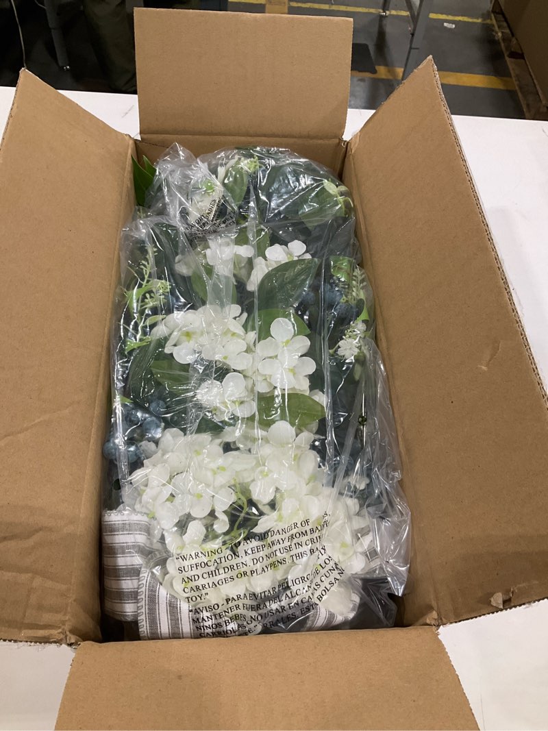 Condition photo showing Good Condition for floral teardrop swags all season lighted teardrop wreath with timer(steady and flashing modes) artificial blueberry white hydrangea eucalyptus leaves and bow floral arrangement for door wall mantel