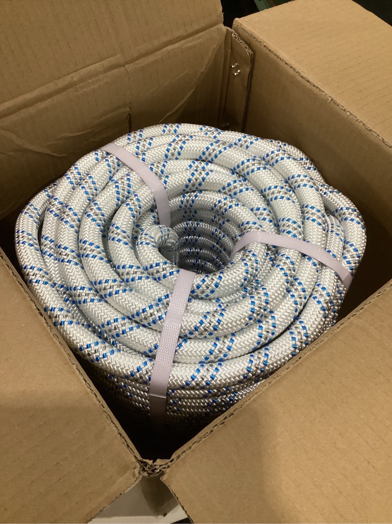 Condition photo showing Good Condition for 3/4 in x 150ft gray white blue arborist bull rope double braid polyester rigging hoisting line high strength tree rope for rigging, swing for rigging sailboat weathered line tree work