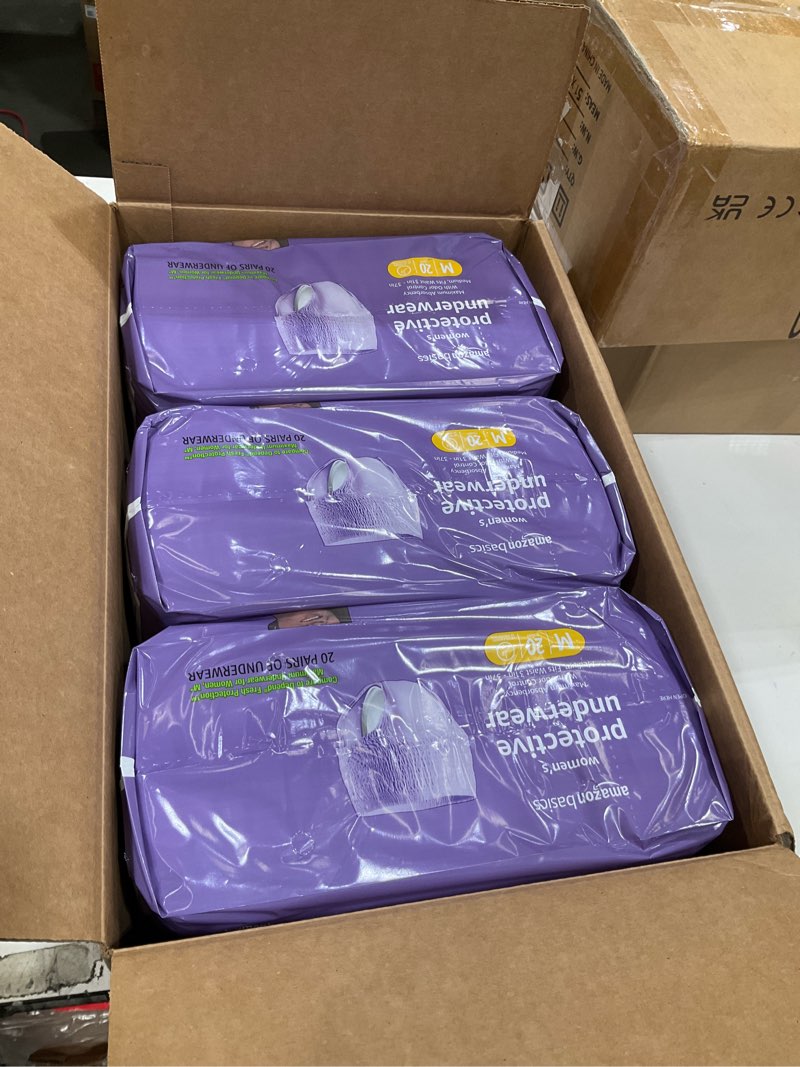 Condition photo showing New/Like New for Amazon Basics Incontinence Underwear for Women, Protective, Disposable, Postpartum, Maximum Absorbency, Medium, Lavender, 60 Count (3 Packs of 20) Medium 60.0