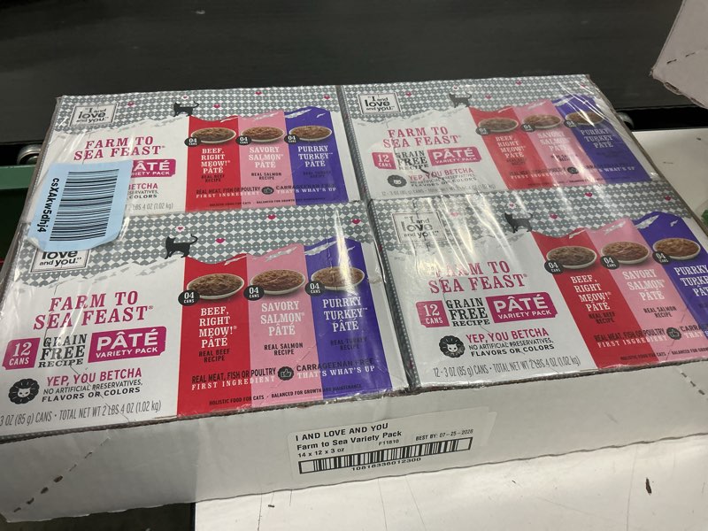 Condition photo showing New/Like New for Best by: 07-25-2028) I&Love&You Farm to Sea Feast Pate Wet Cat Food, Variety Pack, Grain Free, Artificial Preservatives Free, 36 Ounces (Pack of 4)