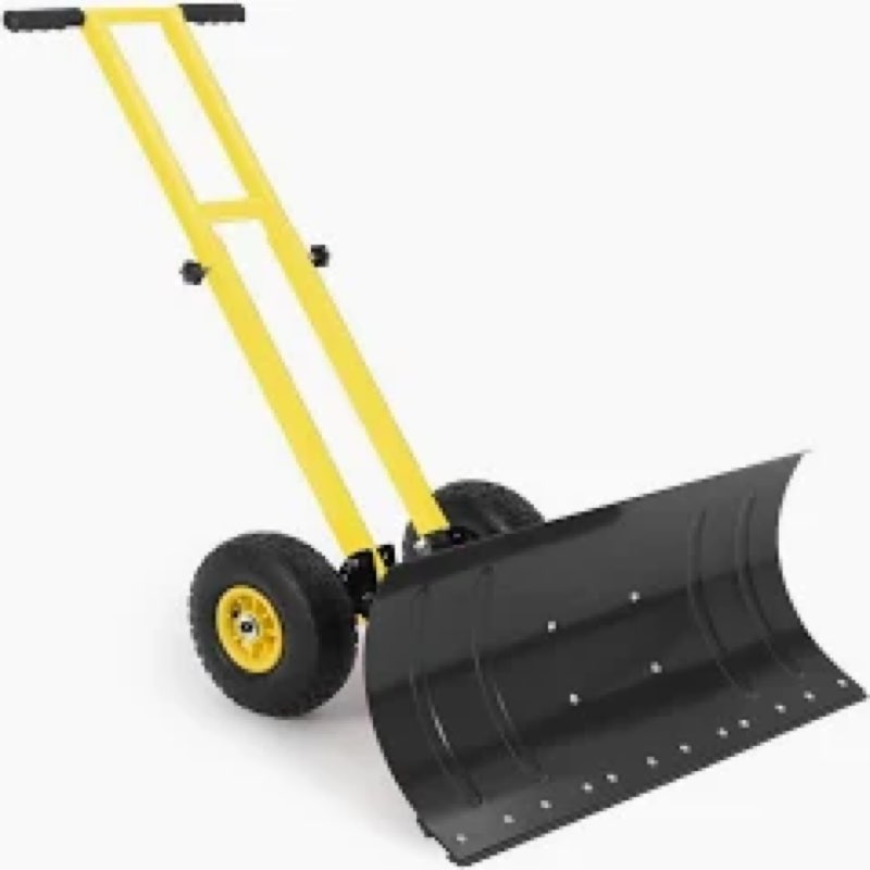 snow pusher with wheels, 29" heavy duty steel blade, adjustable angle & height handle for effortless