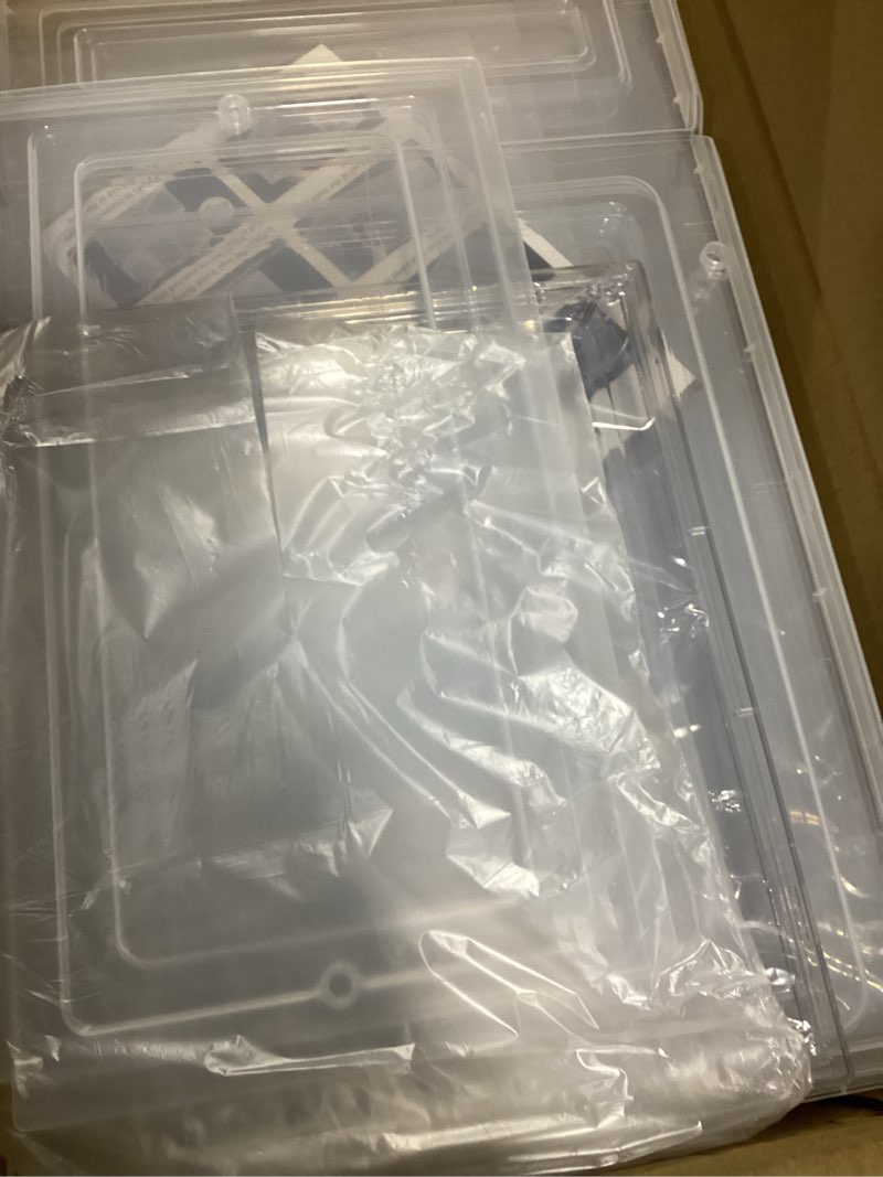 Condition photo showing New/Like New for Storage Bins with Lids, 6 Pack Clear Plastic Storage Containers with Magnetic Acrylic Door, 19 Qt Stackable Storage Box for Home,Office Organizing Clear White-6pcs