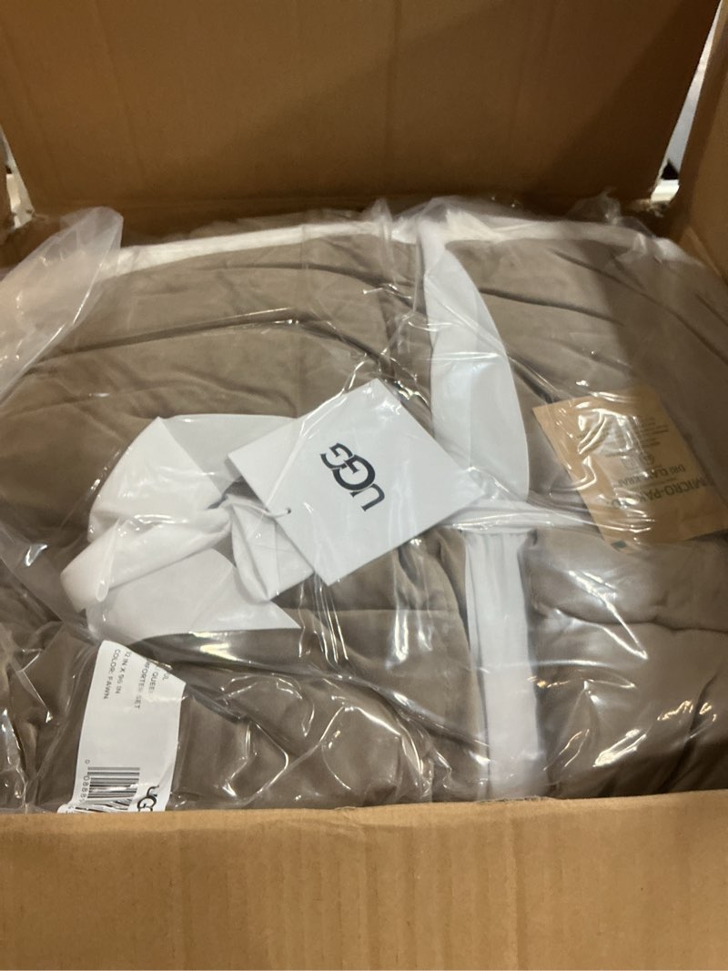 Condition photo showing New/Like New for ugg blissful queen comforter set with 2 pillow shams, reversible fluffy bed comforter, ultra warm winter bed set, down alternative bedding, full/queen size, light brown fawn brown full/queen