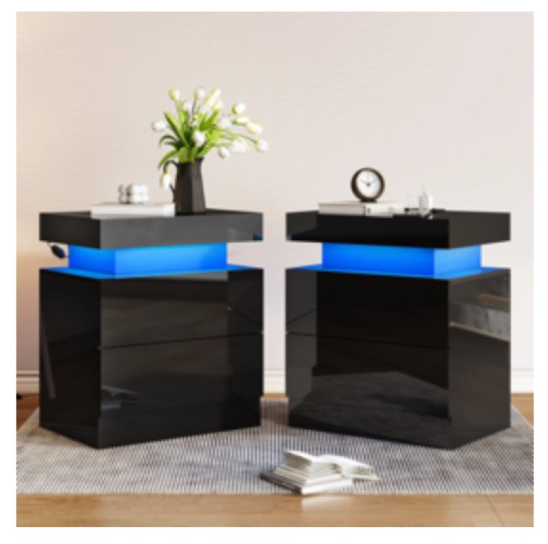 Bhhatu High Gloss Led Nightstand With Charging Station