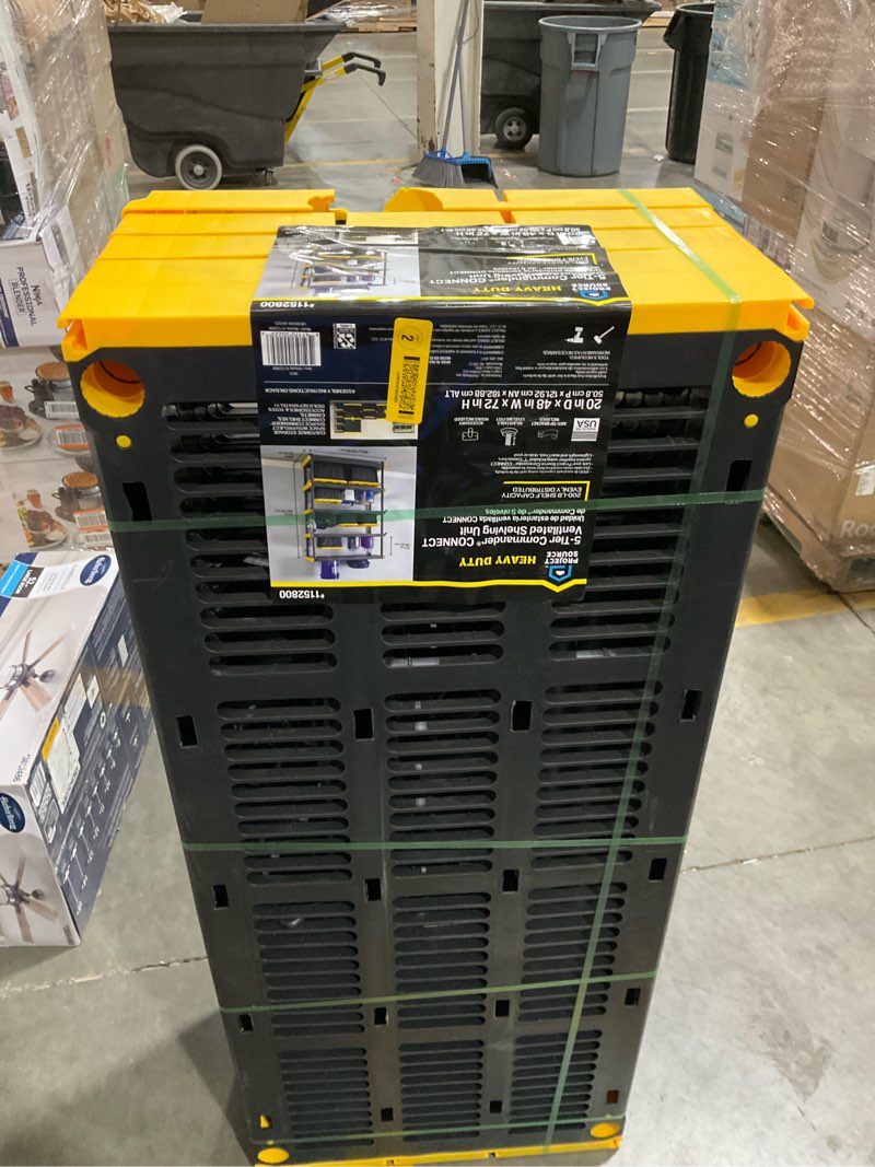 Condition photo showing As Is for project source commander plastic heavy duty 5-tier utility shelving unit (48-in w x 20-in d x 72-in h), black, (200-lb capacity per shelf)
