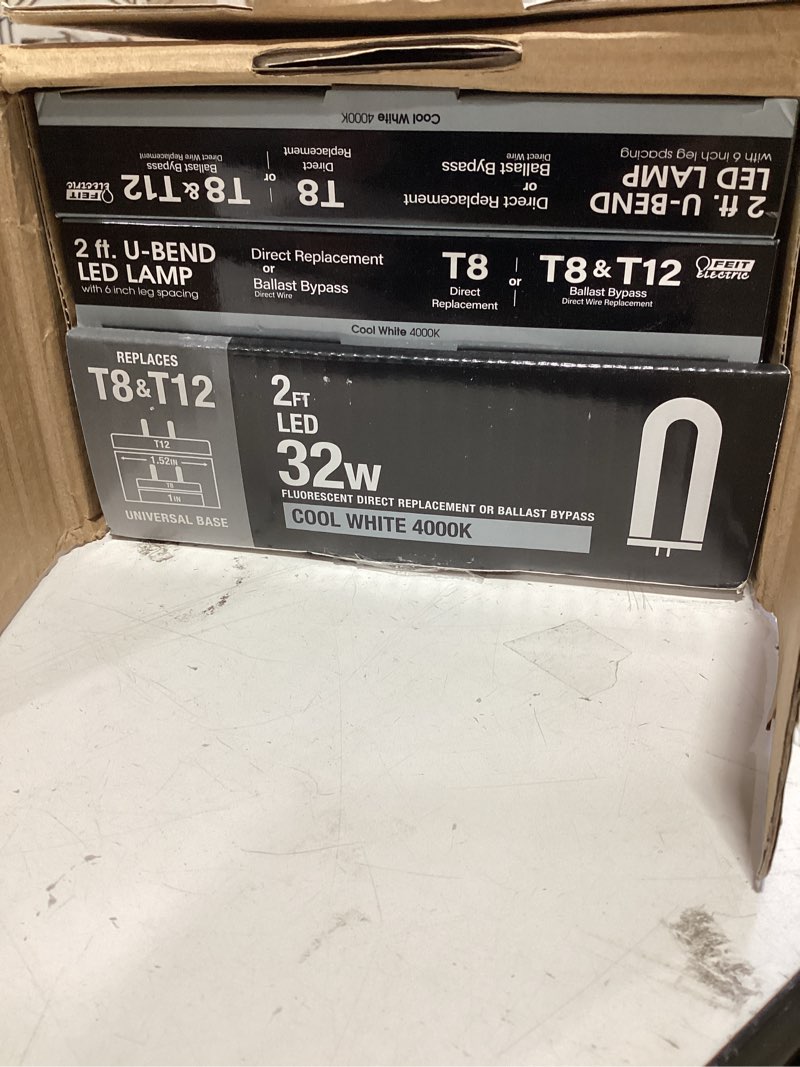Condition photo showing As Is for feit electric t8 u-bend led tube light, 15 watts, replaces 32w fb32t8 fluorescent u-bend, 2100 lumens, cool white 4000k, type a+b direct replacement or ballast bypass, g13 base, 50,000 hours, 4-pack