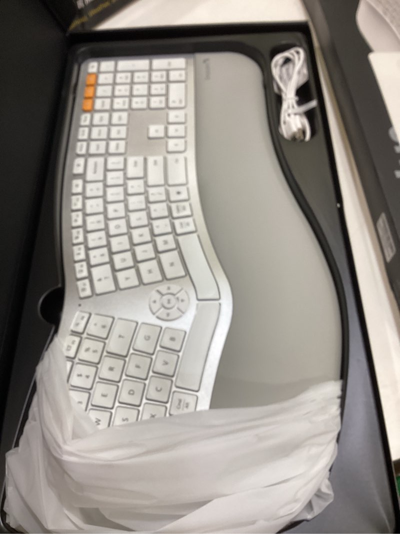 Condition photo showing Good Condition for protoarc backlit bluetooth ergonomic keyboard, ek01 plus full size wireless split keyboard with dual bluetooth and usb, cushioned wrist rest, rechargeable, for windows/mac/android, white and silver