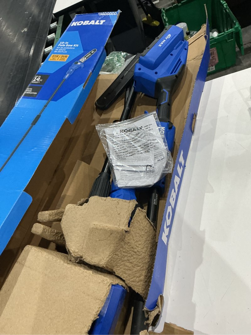Condition photo showing As Is for kobalt gen4 40-volt 10-in 2 ah battery pole saw (battery and charger included)