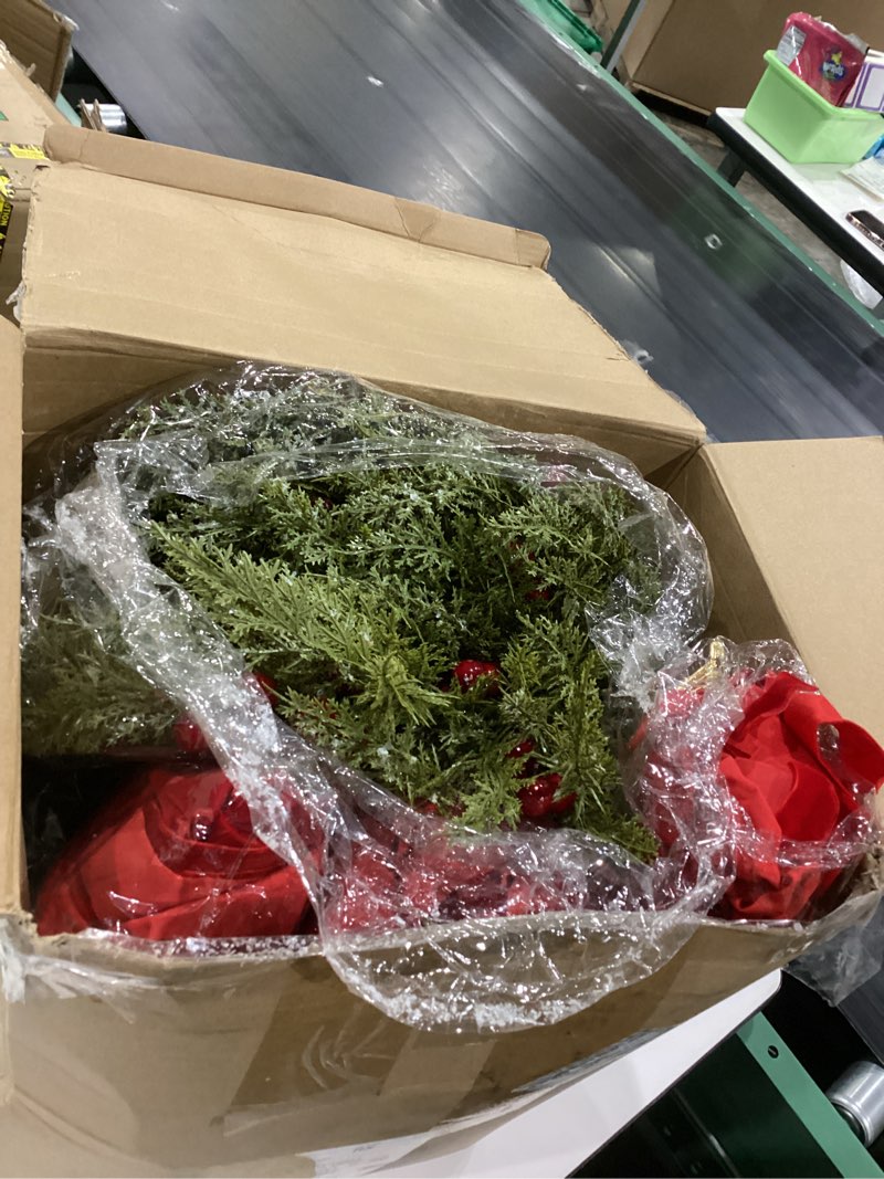 Condition photo showing Good Condition for 18 Pcs Small Christmas Norfolk Wreaths 15 Inch Christmas Kitchen Cabinet Mini Wreath Real Touch with Bow Ribbon Cedar Red Berry for Xmas Front Door Window Chair Fireplace Table Pillar Farmhouse Decor
