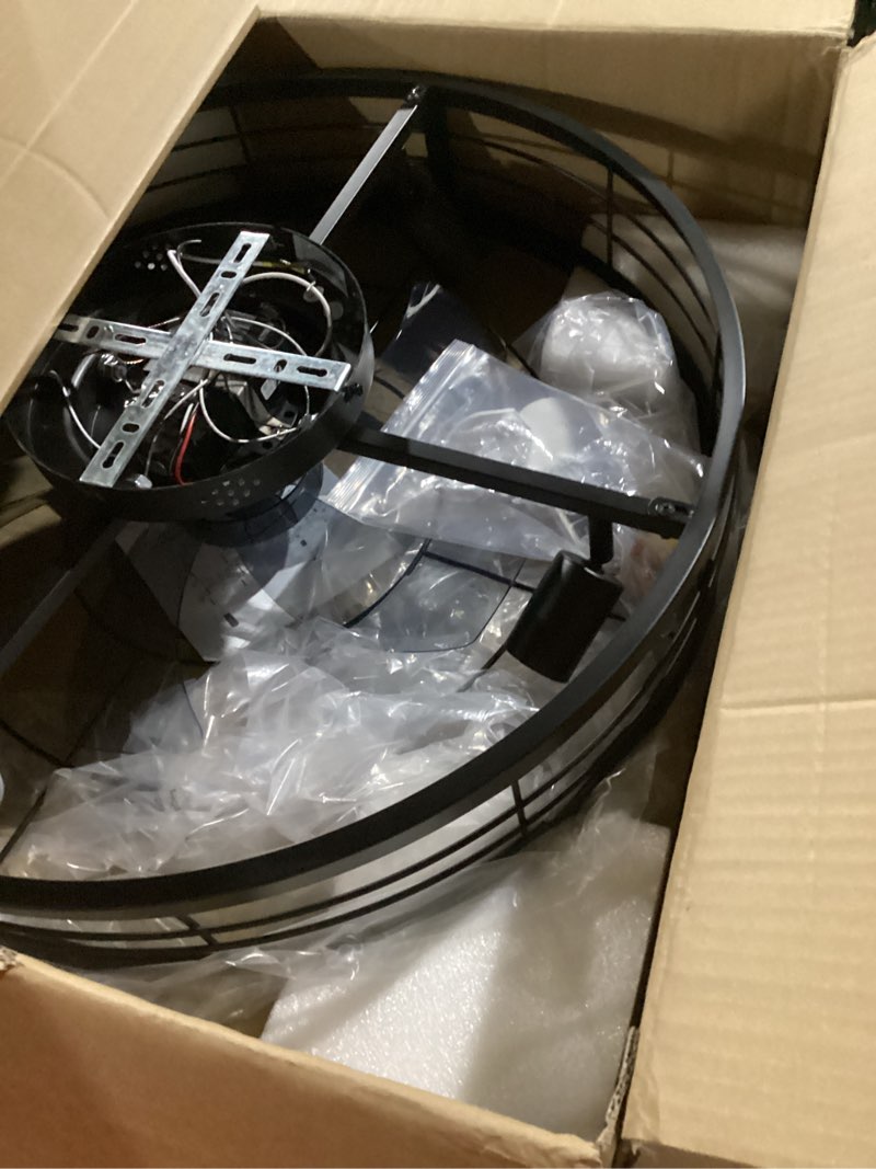 Condition photo showing Good Condition for VOLISUN Caged Ceiling Fan with Light and Remote,19.7 inch Fandelier Ceiling Fan with Light Flush Mount, Farmhouse Bladeless Ceiling Fans with Lights for Kitchen,Bedroom Black 19.7 inch
