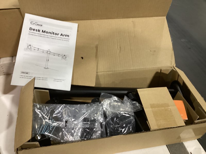 Condition photo showing New/Like New for ergear dual monitor stand, heavy duty adjustable monitor desk mount for 2 screens up to 32 inches, fully adjustable height, tilt, swivel, rotate, supports 17.6 lbs per monitor arm, easy installation 13" - 32" black